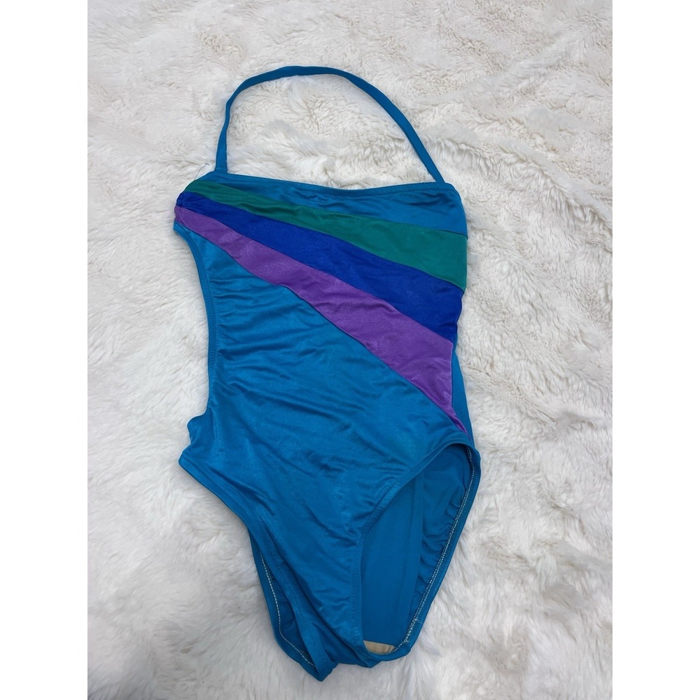 Vintage Jantzen 80s Retro Swimsuit Size 11 Purple Teal Tropical One Piece